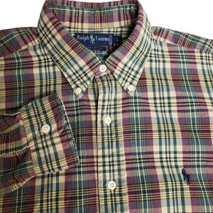 Ralph Lauren Mens Large Plaid Button Down Shirt Long Sleeve Cotton Tan Green Bur